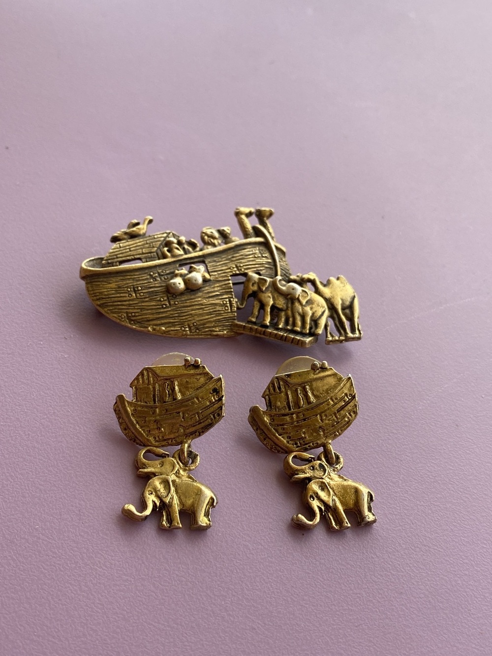 Gold-Tone Noah's Ark Pin and Elephant Drop Earrings Set